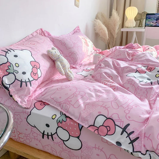 Cute Sanrio Hello Kitty Bedding Set Cotton Four Piece Bedding Double Pillowcase Bed Linens Girl Dorm Bedclothes Home Textile